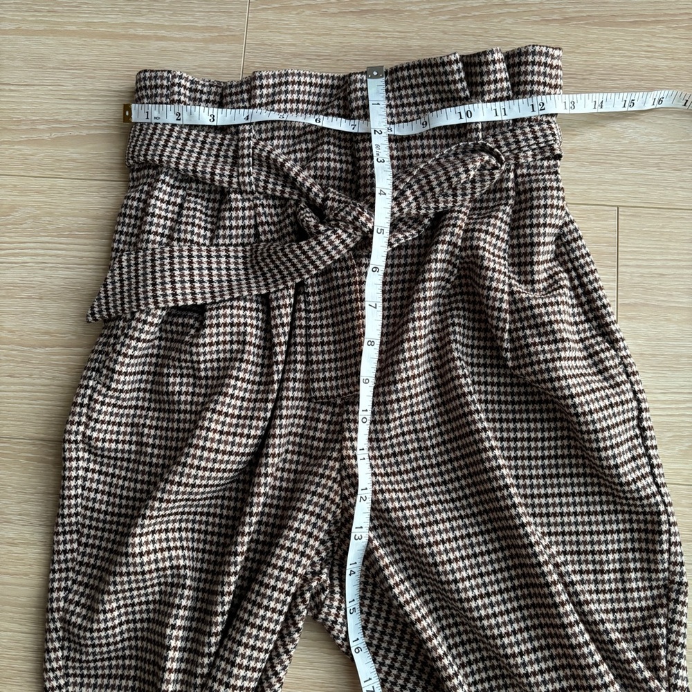 H&M high waisted Paperbag Waist Trousers Brown Houndstooth check belted Size 4 - Picture 6 of 7